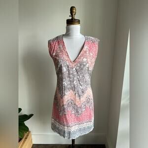 WAREHOUSE PINK FLORAL COTTON V NECK MINI DRESS EU 36